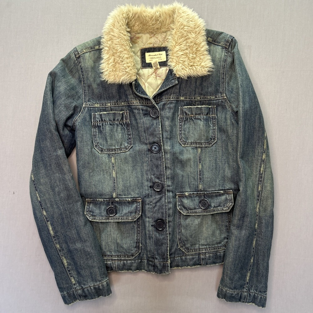 Vintage Abercrombie & Fitch Denim Jacket With Faux Fur Women Medium Fully Lined